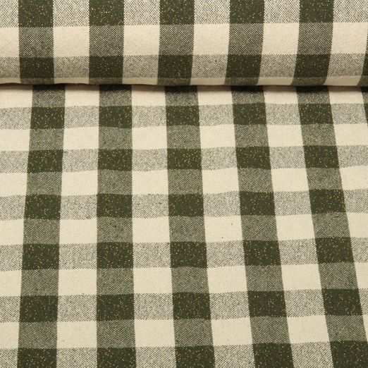 Tissu coton - Torchon de cuisine Noël Lurex Carreaux Vert Doré