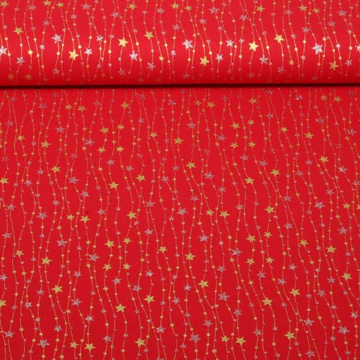 Popeline de coton - Guirlandes d'étoiles Rouge Doré Argenté