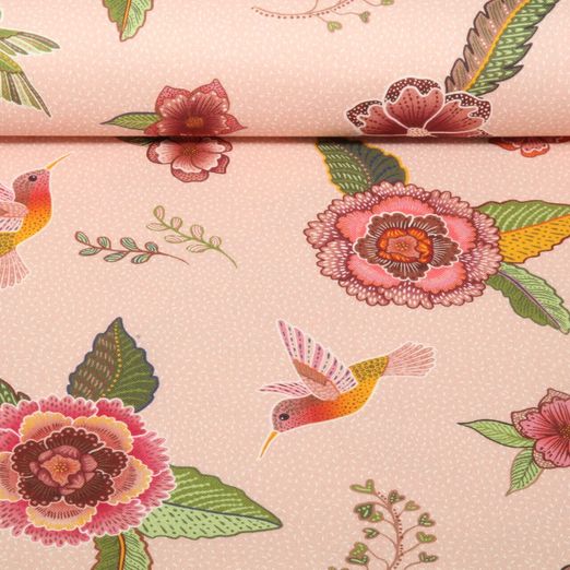 Toile de coton canevas - Imp. digi. Fleurs et colibris Rose