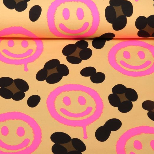 Sweat d'été - French Terry Léopard Smileys Rose vif Beige