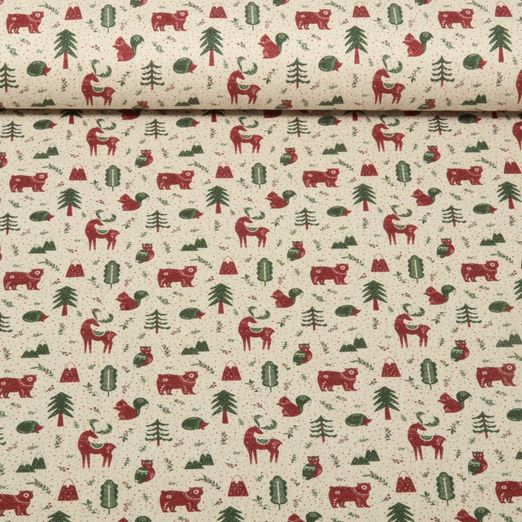 Toile de coton canevas - Effet lin Animaux de la forêt Beige