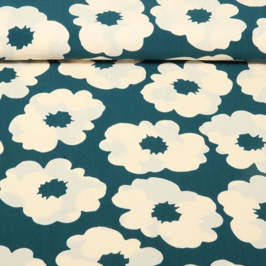 Popeline de viscose - Fleurs Vert pétrole Ecru