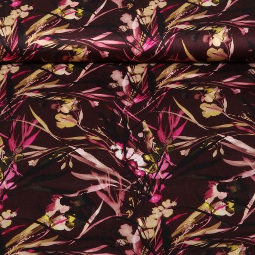 Satin de viscose - Impression digitale Feuilles Bordeaux