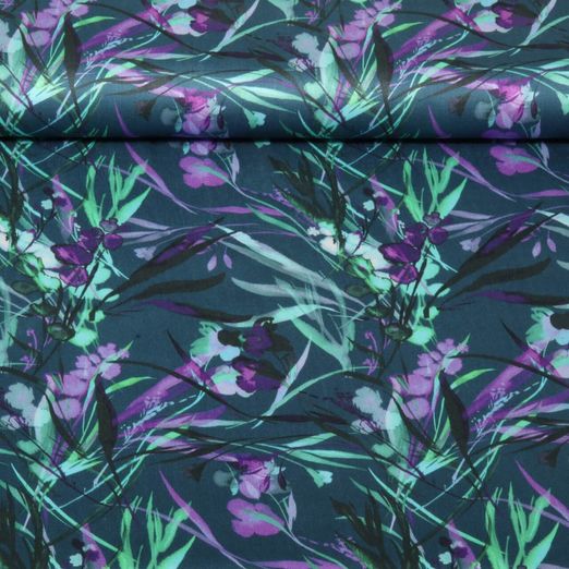 Satin de viscose - Impression digitale Feuilles Bleu pétrole