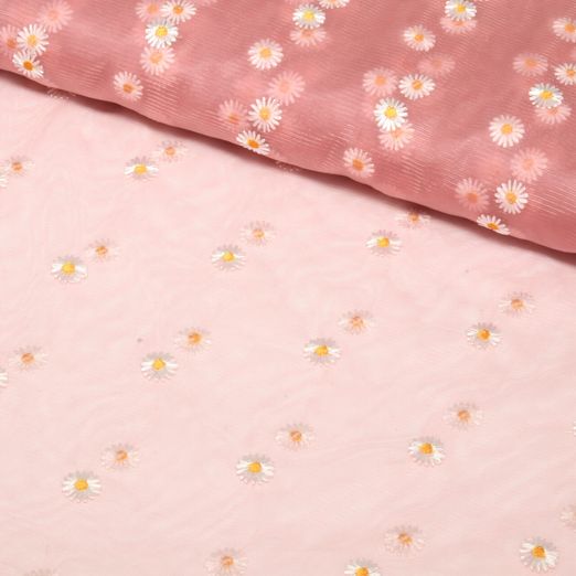 Tulle souple - Fleurs brodées Vieux rose