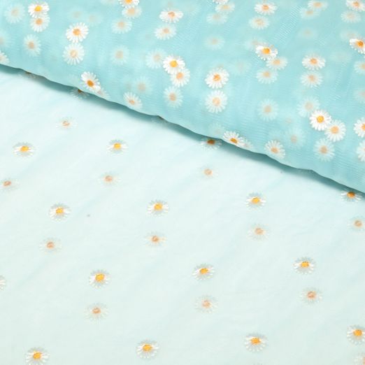Tulle souple - Fleurs brodées Bleu clair