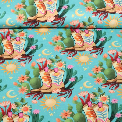 Bio Baumwoll-Satin - Hamburger Liebe Western Fairy Tales Cowgirls Türkis
