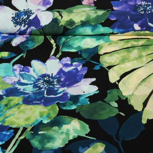 Popeline de viscose - Impression digitale Fleurs Multicolore Bleu