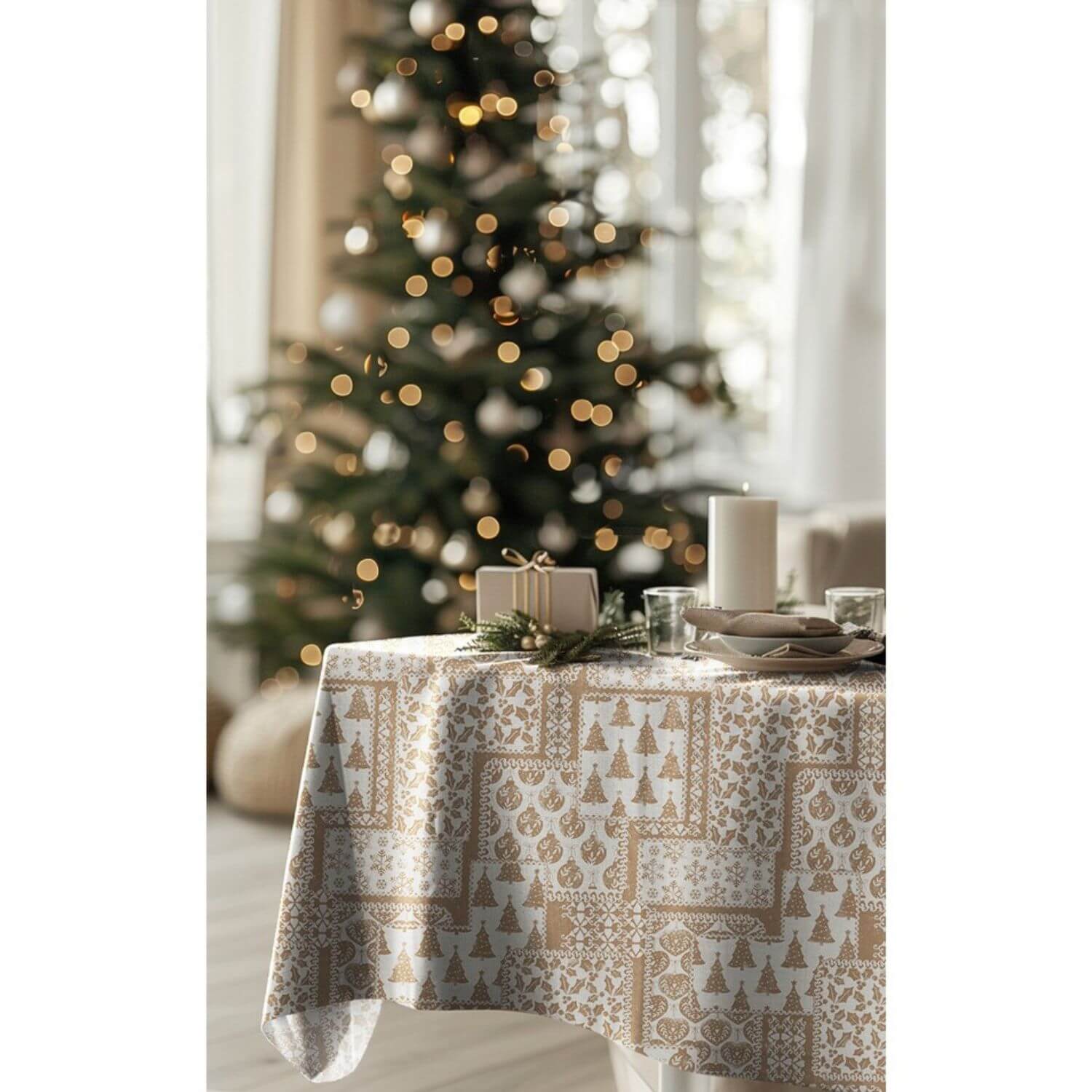 Toile de coton canevas - Patchwork Noël Effet lin Sable-1 Toile de coton canevas - Patchwork Noël Effet lin Sable-1