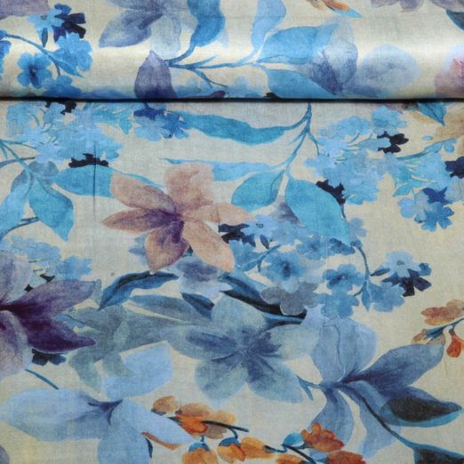 Satin de viscose - Impression numérique Fleurs Bleu