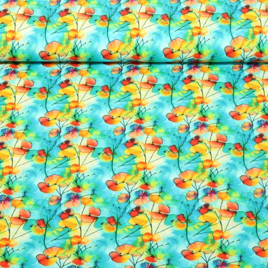 Popeline de coton - Fleurs Turquoise