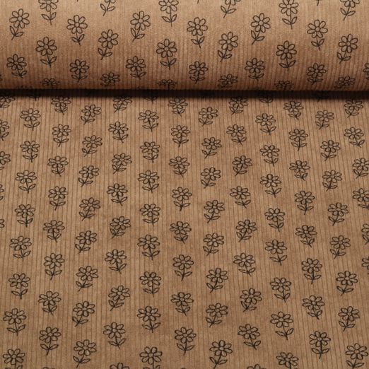 Velours milleraies - Stretch Fleurs Marron