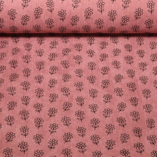 Velours milleraies - Stretch Fleurs Rose clair