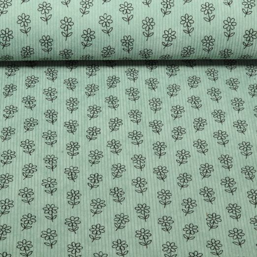 Velours milleraies - Stretch Fleurs Vert clair