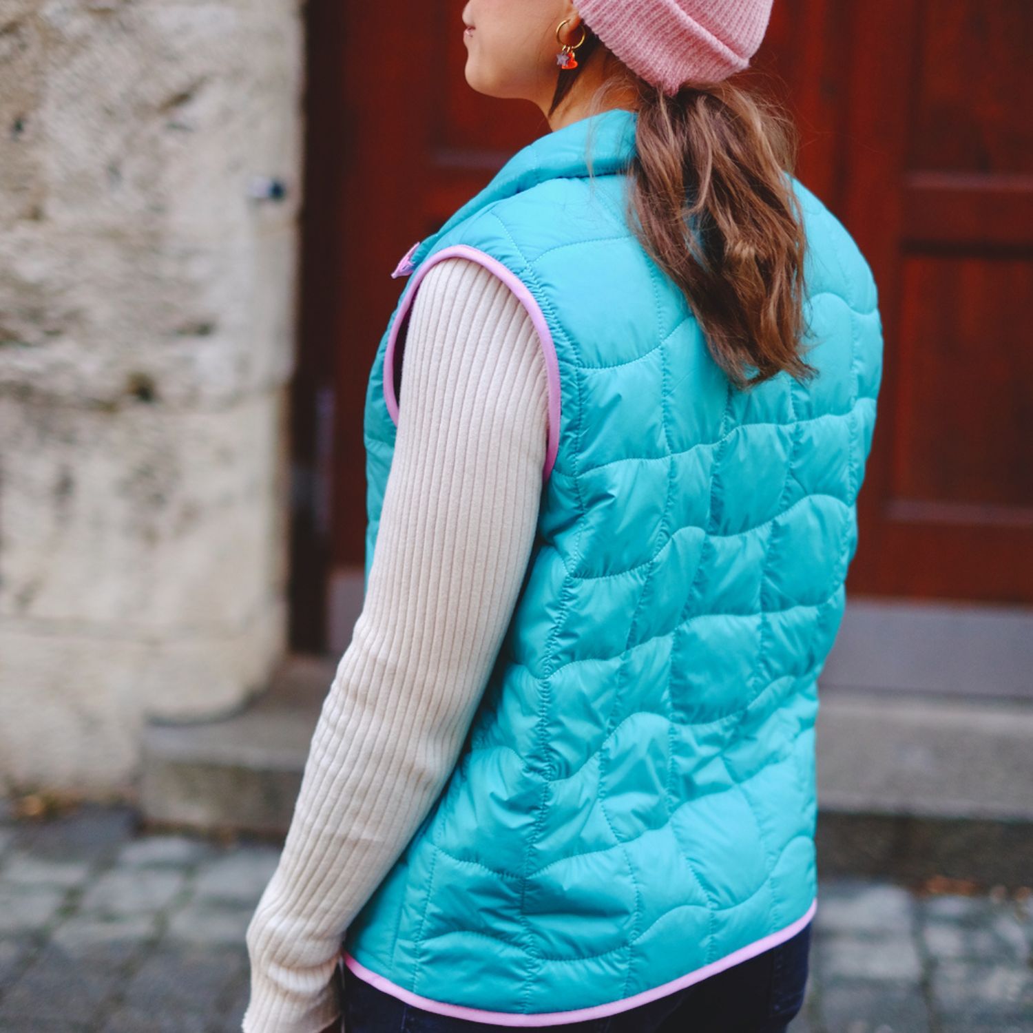 Gesteppter Jackenstoff - Quadrate Grün Pink-2 Gesteppter Jackenstoff - Quadrate Grün Pink-2