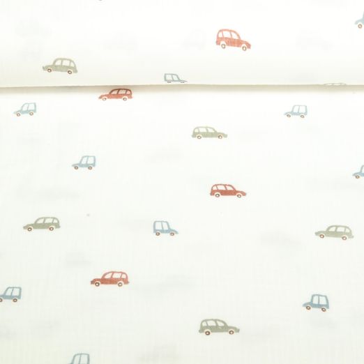 Gaze de coton - Petites voitures Blanc cassé
