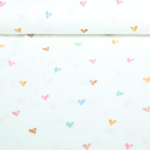 Gaze de coton - Multicolore Coeurs Blanc cassé