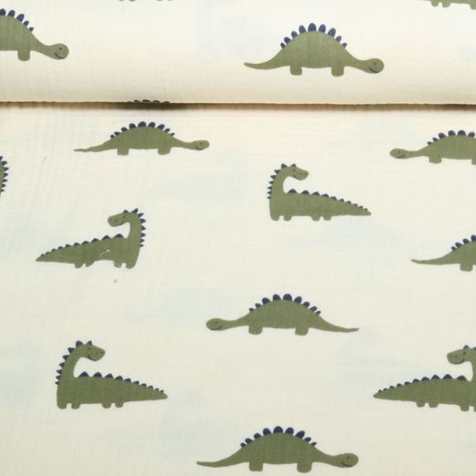 Gaze de coton Bio nature - Dinosaures Verts Naturel