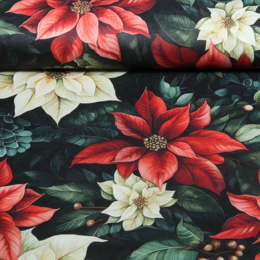 Toile de coton - Impression numérique XMAS Fleurs de Noël Noir