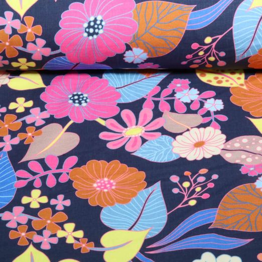 Mousseline bio lisse - Hamburger Liebe Gleam Bloomorama Bleu marine