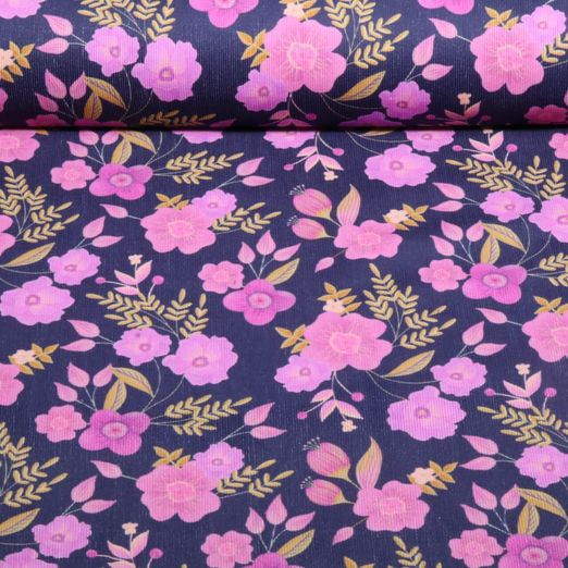 Velours milleraies - Fleurs Bleu marine