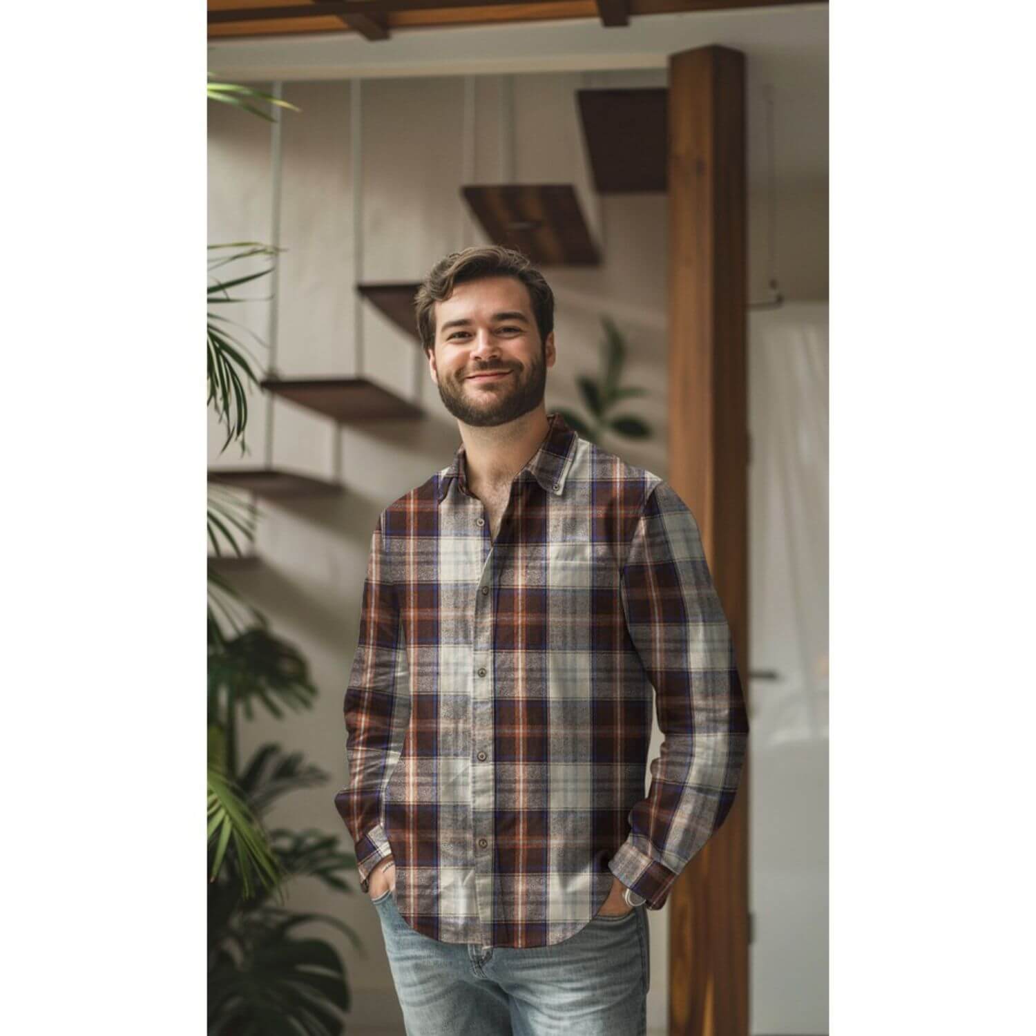 Tissu chemise - Carreaux bûcheron Beige Gratté Teinté dans la masse-1 Tissu chemise - Carreaux bûcheron Beige Gratté Teinté dans la masse-1