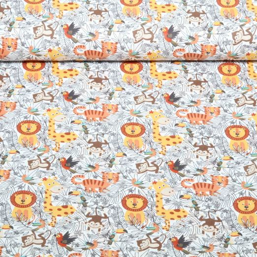 Coton - Animaux de la jungle Blanc Multicolore