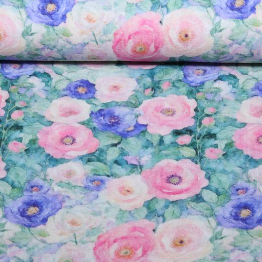 Gaze de coton - Impression numérique Roses Aquarelle Bleu pétrole