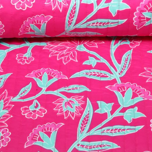 Tissu matélassé pour veste - Double face Fleurs & Ornements Rose vif Ouaté