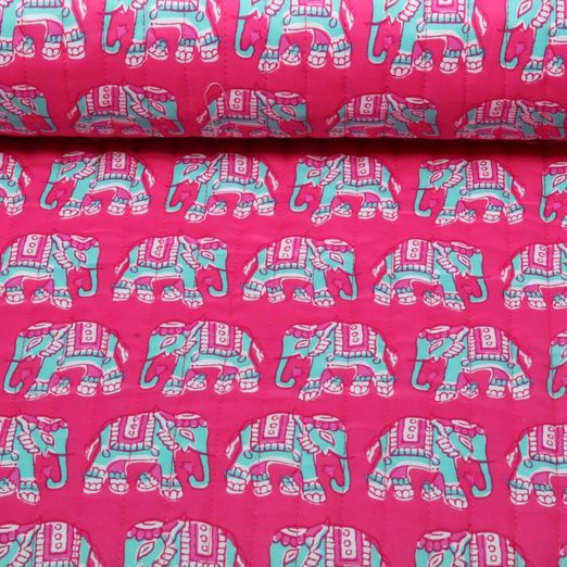 Tissu matélassé pour veste - Double face Elephants & Rayures Rose vif Ouaté
