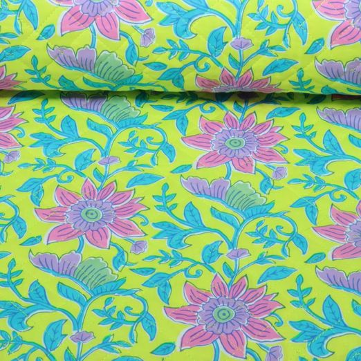 Tissu matélassé pour veste - Double face Fleurs & Rayures Jaune Ouaté