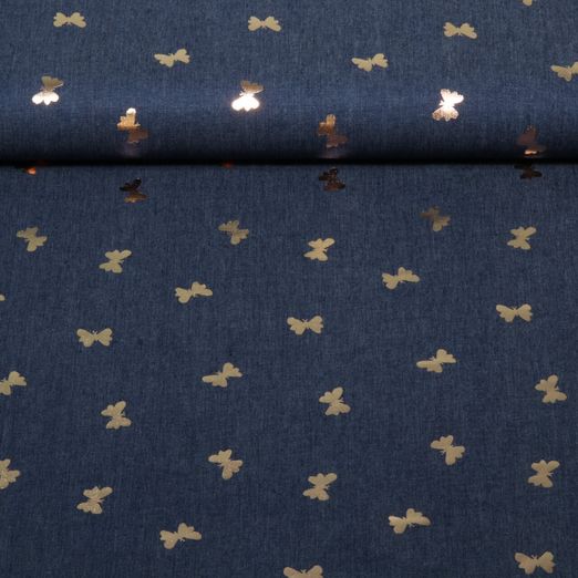 Tissu jeans pour blouse - Impression sur film Papillons Bleu Lavé