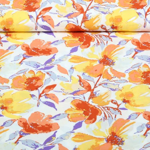 Popeline de viscose - Fleurs Blanc Orange