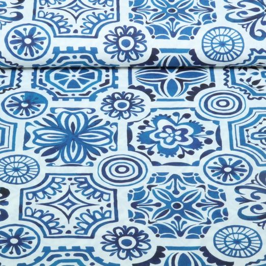 Baumwoll-Cretonne - Ornamente Blumen Weiß Blau