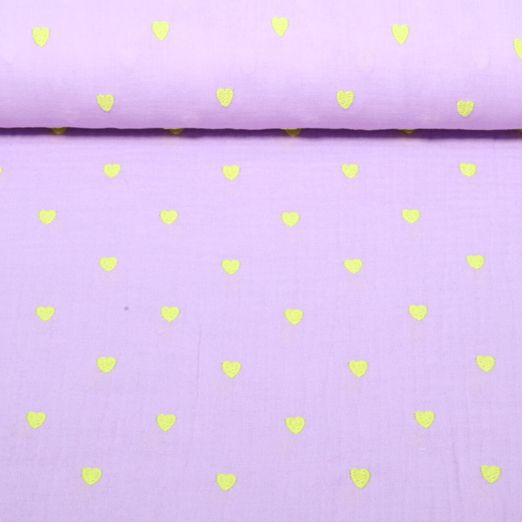 Baumwoll-Musselin - Double Gauze Herzen Neon Bestickt Flieder