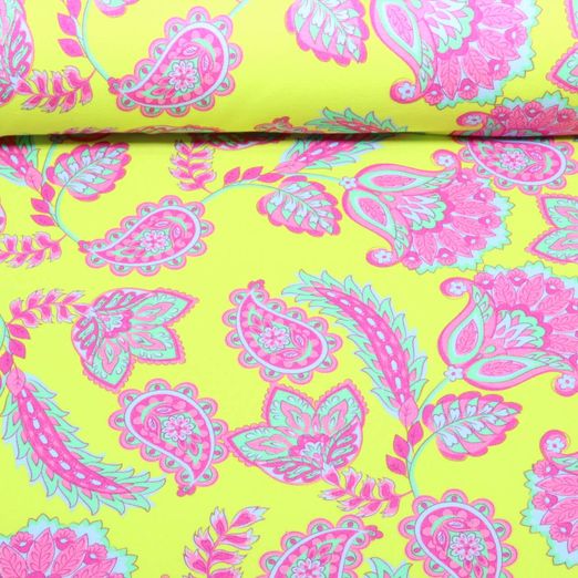 Sweat d'été - French Terry Impr. digitale Motif Paisley Fleurs Vert citron