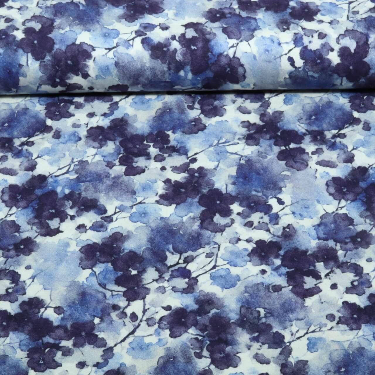 Viskose - Stretch Digital Aquarellblumen Jeansblau-0 Viskose - Stretch Digital Aquarellblumen Jeansblau-0