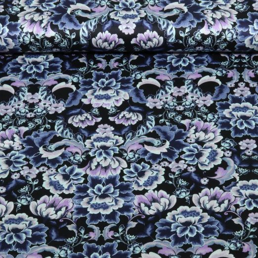 Coton Satin - Digital Fleurs Noir Coton Satin - Digital Fleurs Noir