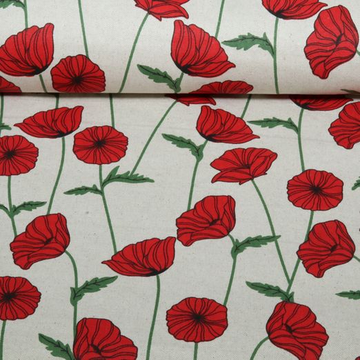 Beschichteter Canvas Leinenoptik Mohnblumen Natural Beschichteter Canvas Leinenoptik Mohnblumen Natural