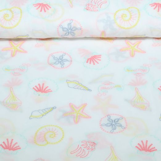 Voile de coton - Qjutie & the Qjutest Coquillages brodés Blanc