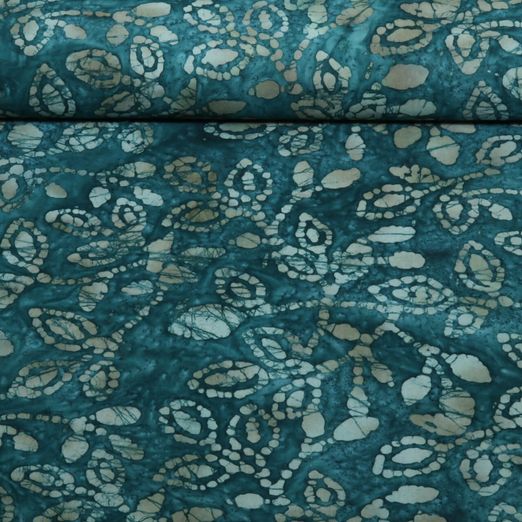 Coton tissé - Batik fait main feuilles Bleu pétrole