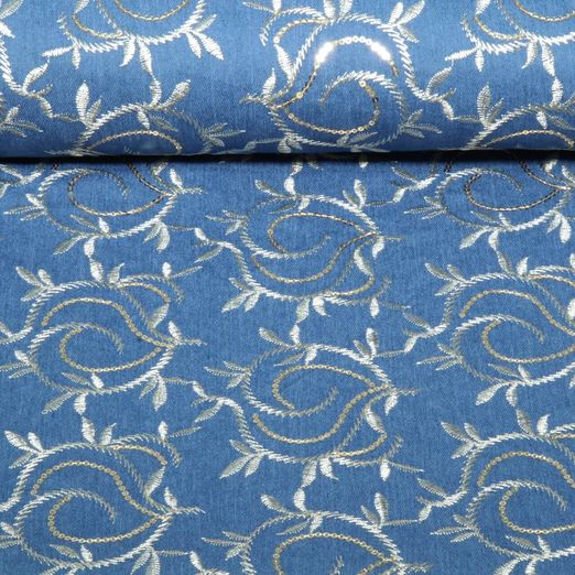 Hosenjeans - Stretch Blätter Bestickt Pailletten Indigoblau