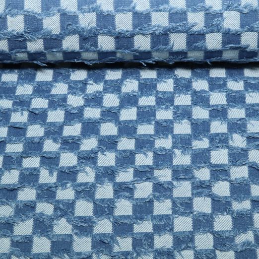 Tissu jeans pantalon Jacquard - carreaux look usé Bleu Tissu jeans pantalon Jacquard - carreaux look usé Bleu