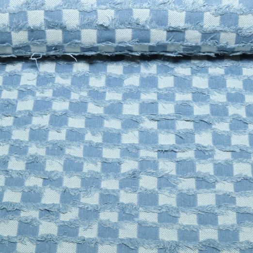 Tissu jeans pantalon Jacquard - carreaux aspect usé Bleu clair