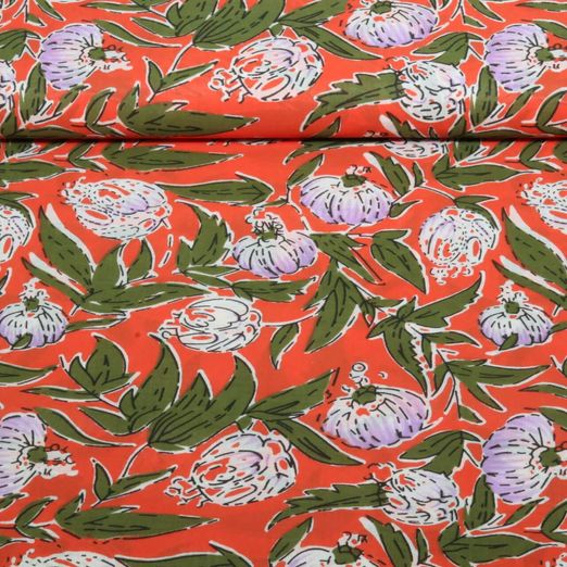 Coton tissé - Imprimé à la main Fleurs Rouge clair