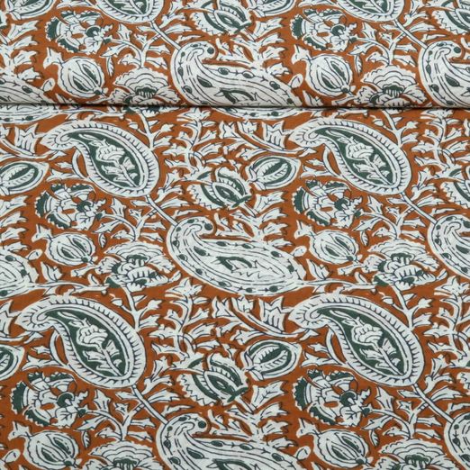 Baumwoll-Webware - Blockdruck Handgefertigt Paisley Cognac