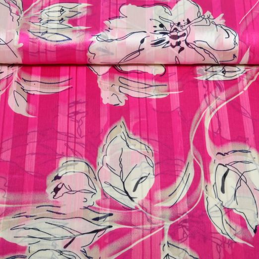 Mousseline de soie - fleurs et rayures Rose vif Mousseline de soie - fleurs et rayures Rose vif
