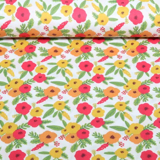 Baumwoll-Webware - Bunte Blumen Weiß