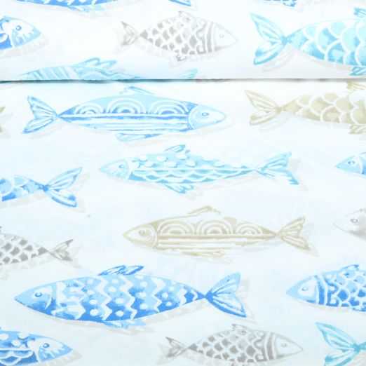 Baumwoll-Webware - Große Fische Weiß Baumwoll-Webware - Große Fische Weiß