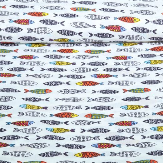 Coton tissé - Multicolore Poissons Blancs Coton tissé - Multicolore Poissons Blancs